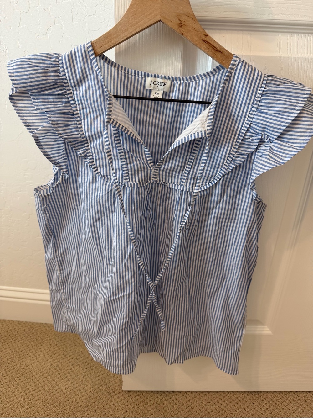 J. Crew Blue and White Striped Ruffle Tie-Front Camisole